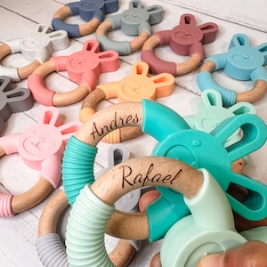 Personalized Soothing Bunny | Sensory Toy | Name Engrave Baby Shower Gift | Easter Bunny Wooden Silicone Bunny | Wooden Ring | Toy Rattle