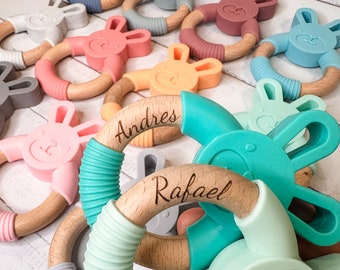 Personalized Soothing Bunny | Sensory Toy | Name Engrave Baby Shower Gift | Easter Bunny Wooden Silicone Bunny | Wooden Ring | Toy Rattle