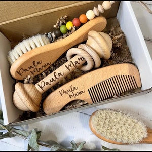 Baby Shower Gift Bundle | Personalized Name Gift | New Born Baby Brush Set | Comb Set | Personalized Rattle | Wooden Keepsake Welcome Baby