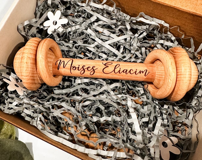 Personalized Name Wooden Rattle | Sensory Experience | Engraved Baby Boy Girl Baby Shower Gift | Welcome Baby Keepsake Birth Announcement