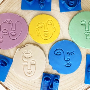 Set of 5 Abstract face clay embossing stamps | polymer clay stamps | soap embosser | texture | clay | face line art stamp