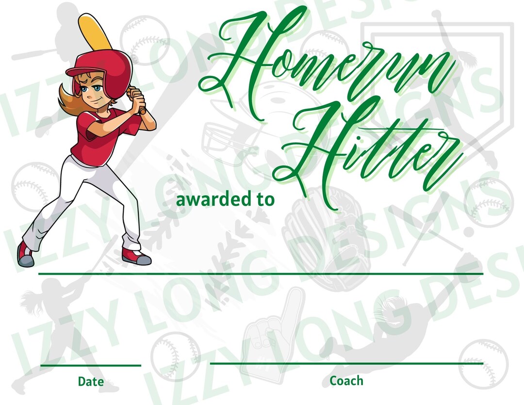 Softball Awards Certificate Homerun Hitter Etsy