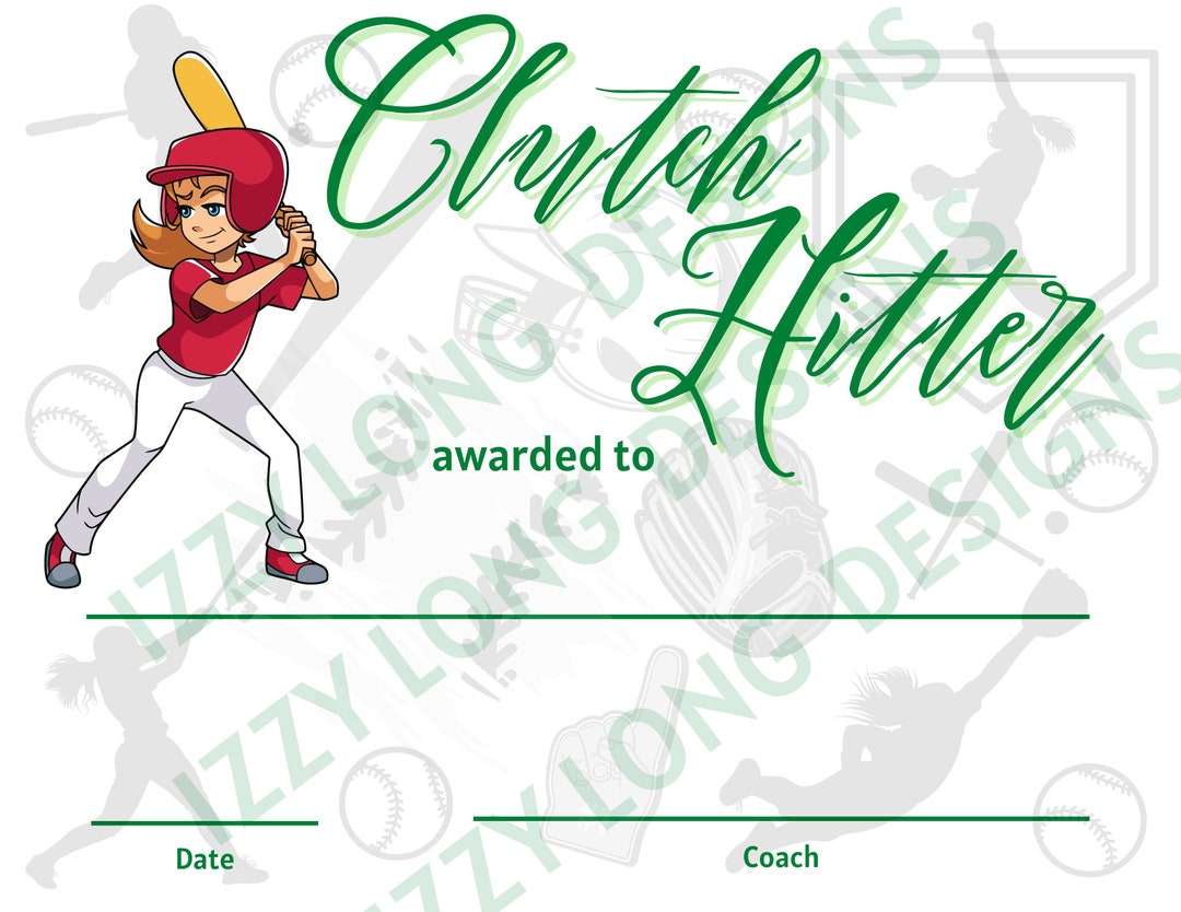 Softball Awards Certificate Clutch Hitter Etsy