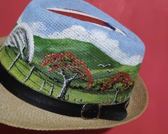 sombrero pintado a mano ,estampas tipicas de Puerto Rico