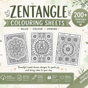 May include: A digital collection of over 200 printable Zentangle colouring sheets featuring intricate black and white line art designs, including mandalas, champagne flutes, and floral patterns, presented with text labels for stress relief.