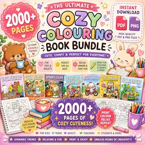 May include: A digital coloring book bundle featuring over 2000 pages with cute themes. The graphic includes a brown bear, a white rabbit, various book covers, colored pencils, and coffee mugs. Text includes "The Ultimate Cozy Colouring Book Bundle".