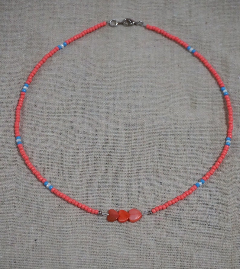 Pink Seed Bead Choker Summer Love Seed Bead Necklace Heart Bead Necklace