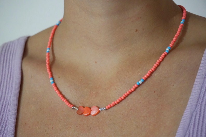 Pink Seed Bead Choker Summer Love Seed Bead Necklace Heart Bead Necklace