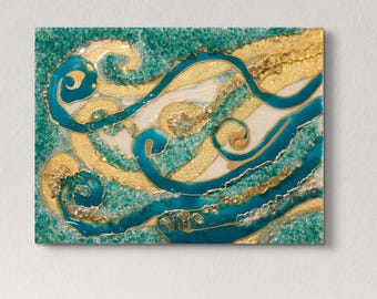 Turquoise Resin Wall Art: Abstract Coastal Waves with Gold Accents (12"x9")