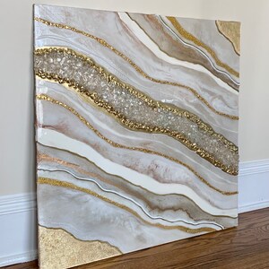 Original Abstract Painting, Resin Art -  Agate Geode - Waves of Gold and White; Wall Decor, Wall Art Resin Painting