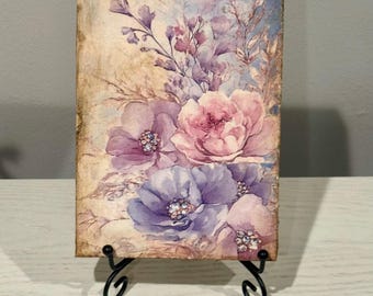 Floral Decoupage Wood Block Artwork, Antique Farmhouse Table Decor