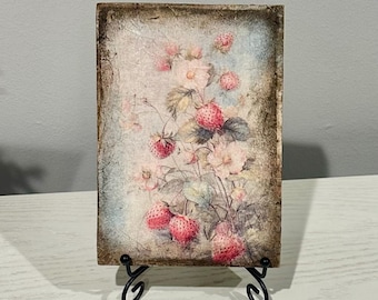 Strawberries Floral Decoupage Wood Block Artwork, Antique Farmhouse Table Decor