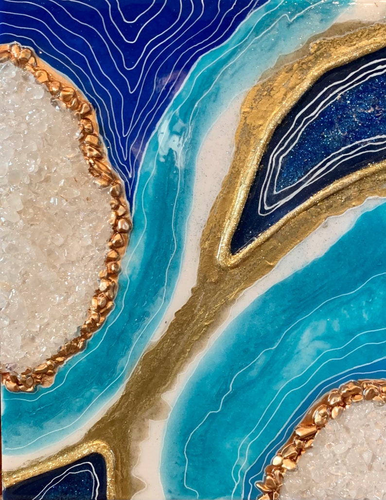 Original Abstract Painting, Resin Art, Agate Geode Deco Islands Wall Decor, Blue, Gold Geode