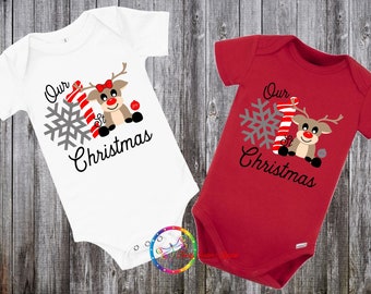 handmade personalise baby's First christmas card with twins reindeer in red 