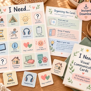 Op de afbeelding: Een set printbare visuele communicatiekaarten getiteld I Need... met zestien pastelkleurige vierkanten met iconen en tekstlabels voor behoeften zoals ruimte, stilte, een koptelefoon en fidget-speelgoed, inclusief instructieblad.
