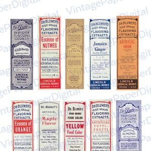 May include: A collection of vintage Dr. Blumer's High Grade Flavoring Extracts labels. The labels feature various flavors like Caraway, Nutmeg, and Orange, with text in red, blue, and brown. Each label includes the product name, alcohol content, and usage instructions.