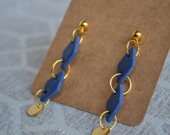 Navy and Gold Triangle Polymer Clay Earrings