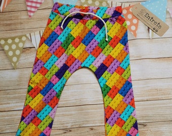 Building Block Trousers | Colourful Blocks Harem Joggers | Unisex Harem Pants | Fun Baby Trousers | Building Brick Pants | Fun Kids Pants