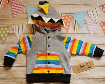 Rainbow Dinosaur Hoodie | Rainbow Striped Hoodie | Unisex Kids Hoodie | Baby Dinosaur Jumper | Red Rainbow Striped | Colourful Dinosaur Top