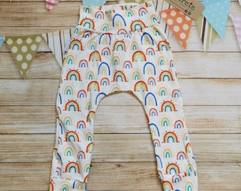 Rainbows & Hearts Pants | Rainbows Harem Pants | Colourful Rainbows Trousers | Babies Harem Pants | Kids Harems | Soft Trousers