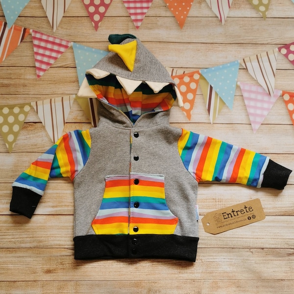 Rainbow Dinosaur Hoodie | Rainbow Striped Hoodie | Unisex Kids Hoodie | Baby Dinosaur Jumper | Red Rainbow Striped | Colourful Dinosaur Top