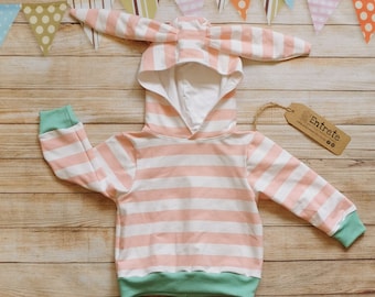 Bunny Rabbit Hoodie | Pink Striped Bunny Top | Unisex Kids Hoody | Girls Hoodie | Baby bunny Top | Fun Animal Clothing | Jumper | Sweatshirt