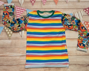 Kids Superhero Top | Fun Superhero Top | Kids comic book Tee | Rainbow Striped Superhero T-shirt | Kids Lightweight Pullover | Fun Baby Top