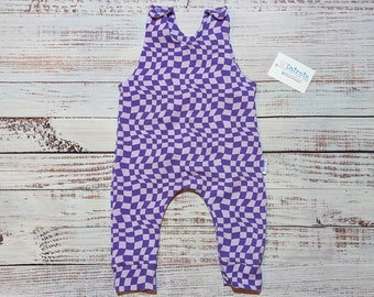 Trippy Purple Checked Romper | Purple Chequered Romper | Fun Baby Romper | Unisex Kids Romper | Colourful Dungarees | Warped Checks Overalls