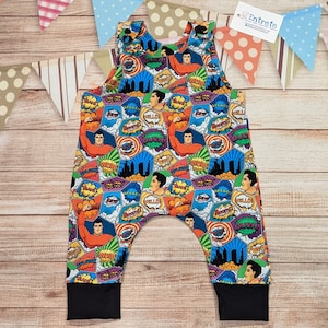 Kids Superhero Romper | Comic Strip Romper | Fun Baby Romper | Unisex Kids Romper | Superhero Dungarees | Colourful Superhero Overalls