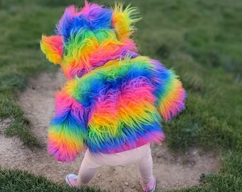 Rainbow Bear Hoodie | Kids Bear Hoodie | Reversible Kids Hoodie | Rainbow Fur Hoodie | Colourful Faux Fur Hoody | Fun Animal Top