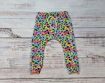 Rainbow Leopard Harem Joggers | Colourful Kids Pants | Rainbow Leopard Print Pants | Colourful Jogging Bottoms | Fun Babies Trousers