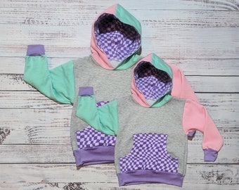 Purple Checked Hoodie Set | Mum And Mini Hoodie | Mama Daughter Sweatshirt | Mother Daughter Top | Purple Trippy Checked Hoodie