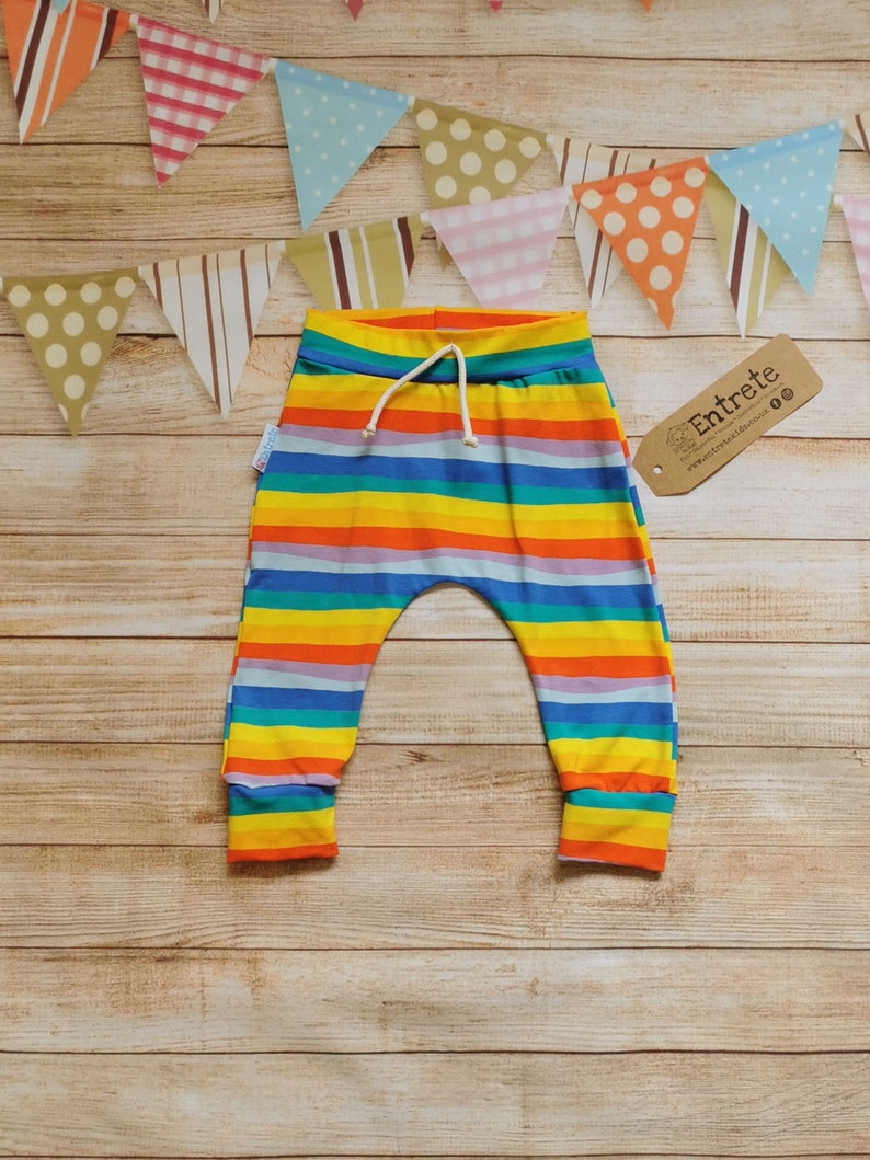 Rainbow Stiped Joggers Colourful Harem Joggers Baby Harem Pants Baby Gift Joggers and Top Rainbow Striped Pants Unisex Trousers image 1