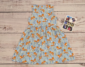 Sky Blue Foxes Dress | Foxes and Flowers Dress | Girls Fox Dress | Fun Kids Dress | Babies Foxes Dress | Cute Fox Dress | Adorable Foxes