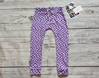 Kids Purple Checked Trousers | Trippy Checked Harem Joggers | Unisex Harem Pants | Fun Baby Trousers | Purple Chequered Pants | Check Harems