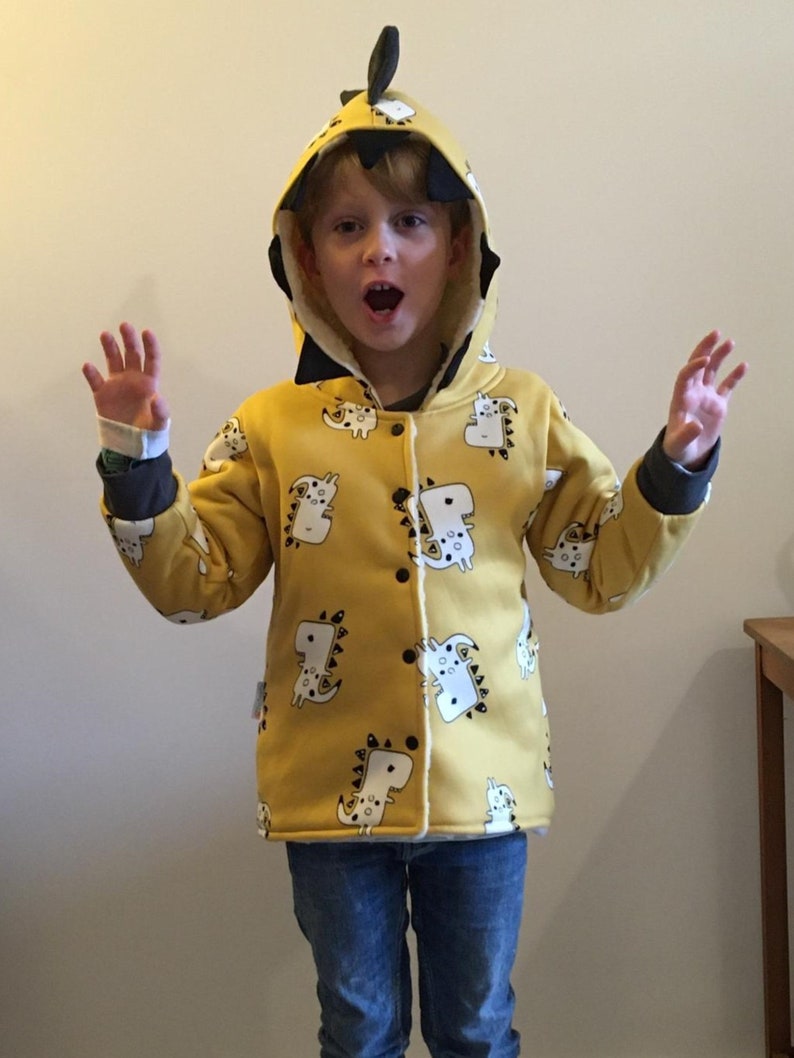 Warm Winter Coat Sherpa Fur Coat Reversible Coat Mustard Kids Coat Fun Dinosaur Coat Unisex Kids Coat Jacket Soft Baby Coat