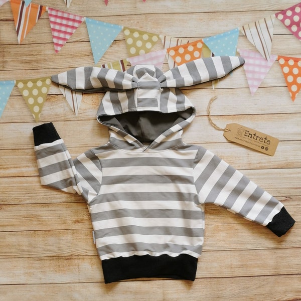 Bunny Rabbit Hoodie | Grey Striped Bunny Top | Unisex Kids Hoodie | Boys Hoodie | Baby bunny Top | Fun Animal Clothing | Jumper | Sweatshirt