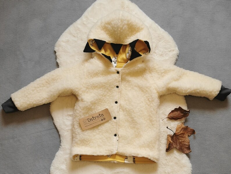 Warm Winter Coat Sherpa Fur Coat Reversible Coat Mustard Kids Coat Fun Dinosaur Coat Unisex Kids Coat Jacket Soft Baby Coat