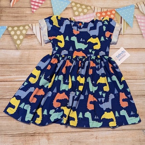 Blue Dinosaur Dress | Girls Dinosaur Dress | Girls Circle Dress | Fun Kids Dress | Girls Long Sleeve Dress | Girls Short Sleeve Dress