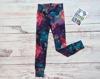 Colourful Girls Leggings | Purple Flowing Ink Leggings | Girls Vibrant Leggings | Baby Trousers | Kids Harem Pants | Marbled Leggings