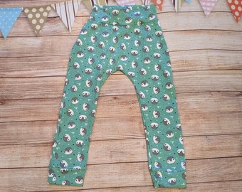 Mint Penguins Joggers | Organic Penguins Pants | Unisex Harem Pants | Babies Organic Trousers | Kids Bird Pants | Fun Kids Pants | Organic