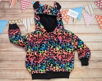 Rainbow Leopard Hoodie | Kids Cat Hoodie | Reversible Kids Hoodie | Rainbow Leopard Fleece Hoodie | Colourful Leopard Hoody | Fun Animal Top