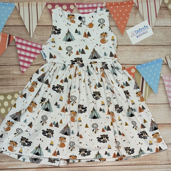 Fox & Raccoon Dress | Native American Animals Dress | Adorable Girls Dress | Fun Kids Dress | Babies Animals Dress | Camping Animals Dress