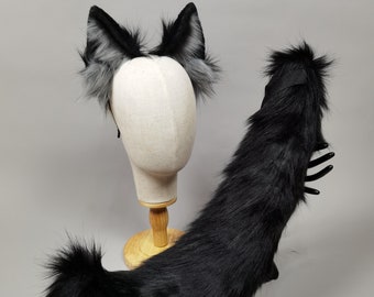 Realistic wolf ears and tail set,Werewolf ears and tail,Black wolves,Dog ears and tail set,Furry animal ears,Wolf cosplay costume