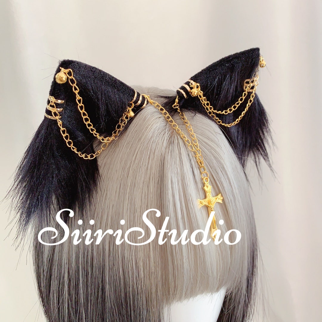 Black Cat Ears Hair Clips With Cross Earrings and Chainblack Cat Ears