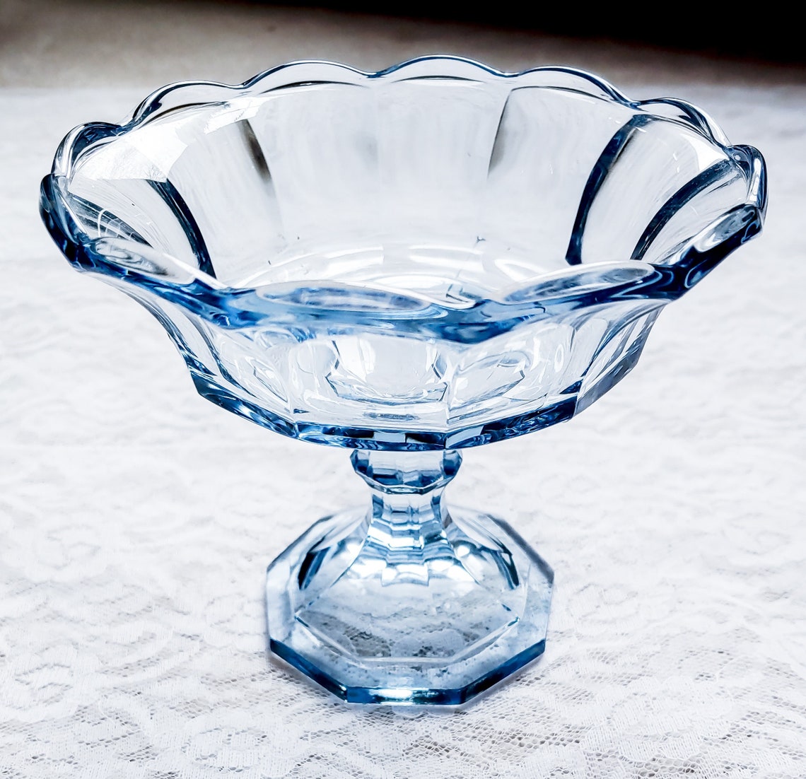Blue Glass Candy Dish Pedestal Style Scalloped Edges Antique Etsy.de