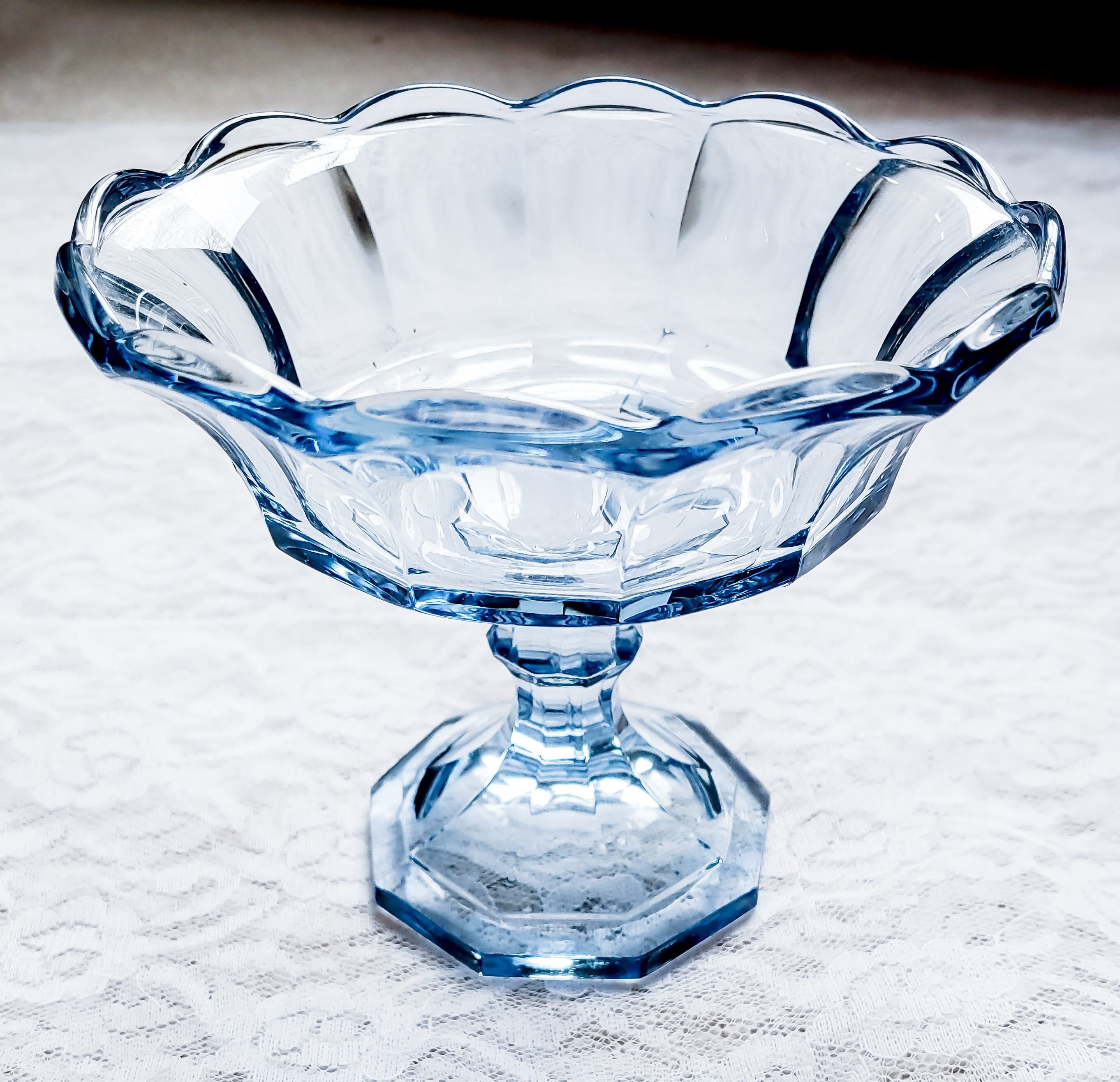 Blue Glass Candy Dish Pedestal Style Scalloped Edges Antique Etsy.de