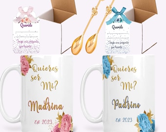 Godparent Proposal Mug Set, Ceramic Mug, Gold Spoon, Invitation Cards