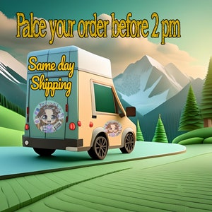 May include: A blue and yellow delivery truck with the words "Same day Shipping" on the side. The truck is driving on a road with green grass and mountains in the background. The text "Place your order before 2 pm" is displayed at the top of the image.