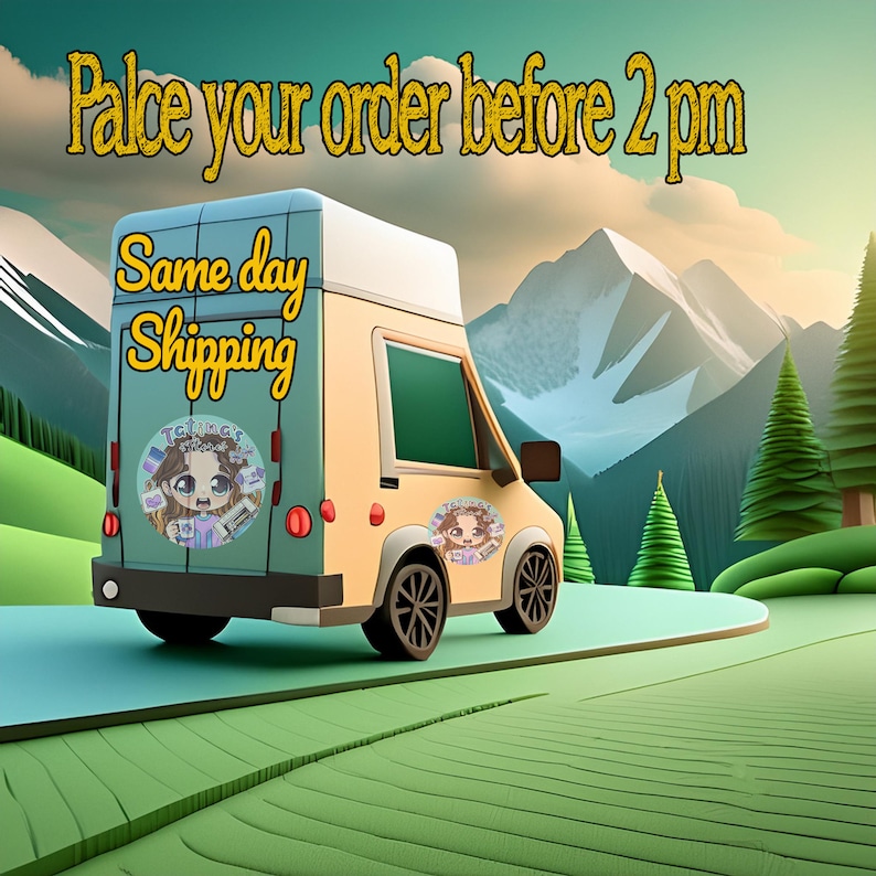 May include: A blue and yellow delivery truck with the words "Same day Shipping" on the side. The truck is driving on a road with green grass and mountains in the background. The text "Place your order before 2 pm" is displayed at the top of the image.